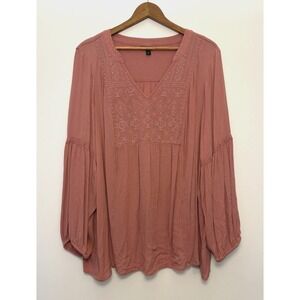 Boho Embroidered V-Neck Peasant Top - Dusty Rose